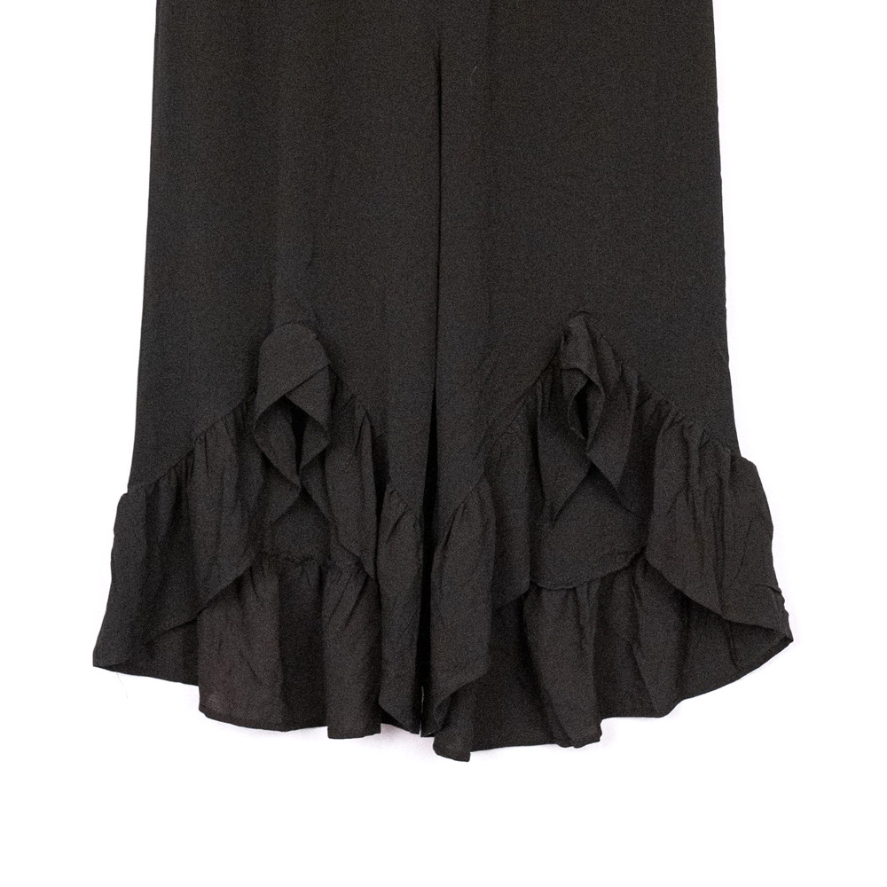 Black Sleeveless Jumpsuit LARGE Cropped Wide Leg Ruffle Hem Whimsical Romantic